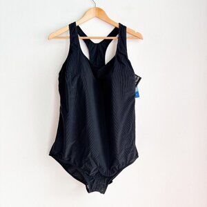 Sportek Black Full Coverage Black One Piece Swimsuit 24W